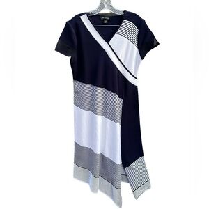 St. John blue white striped short sleeve knit dress with asymmetrical hem luxury